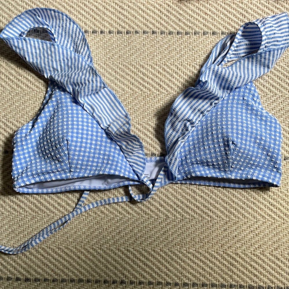 Blue gingham ruffle aerie bikini top